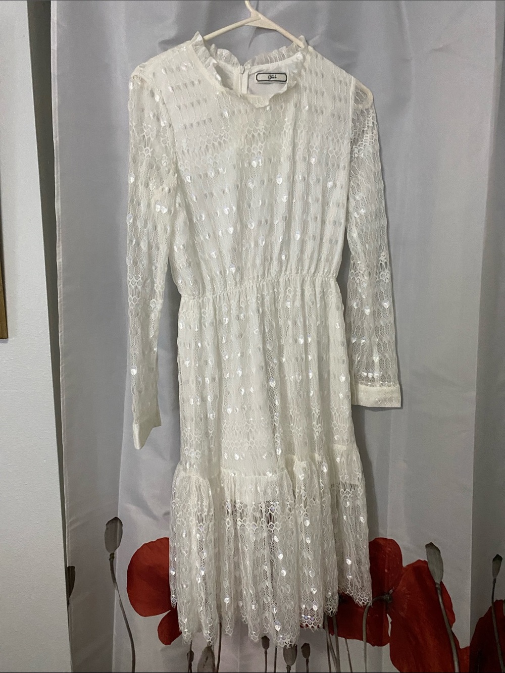 White Sequin Lace Long-Sleeve Midi Dress perfect for Graduation or Confirmation.